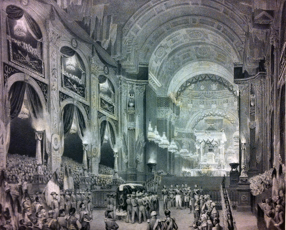 Solemn service in th Dome des Invalides, Paris, on 15 December 1840, marking the (temporary) re-entombment of the remains of Napoleon Bonaparte.