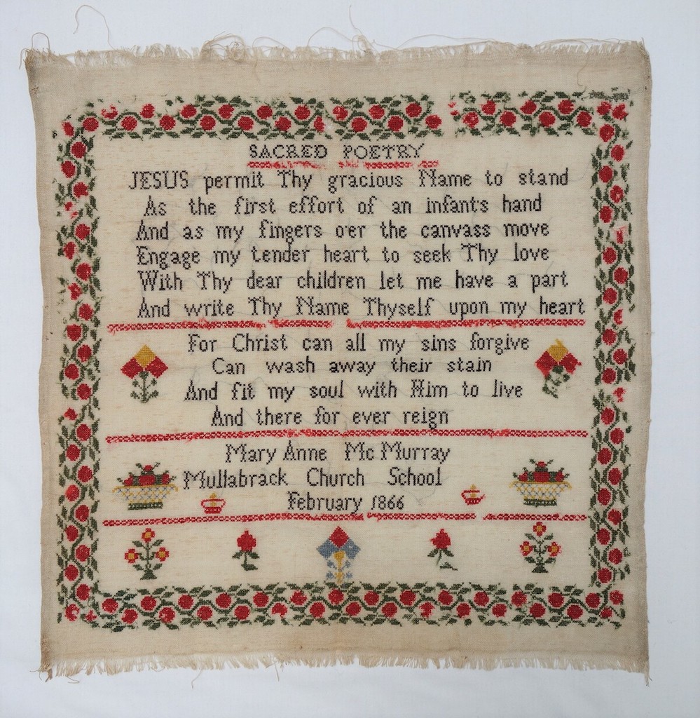 Sampler made by Mary Anne McMurray in 1866, Ireland (TRC 2019.2023).