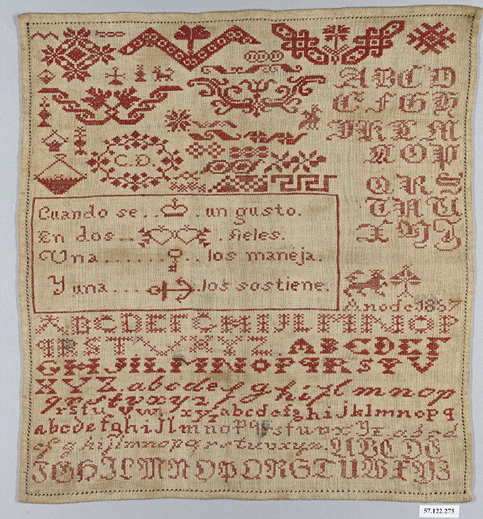 Sampler in the Metropolitan Museum of Art, New York (MMA 57.122.275) that comes from Spain and is dated to 1867.