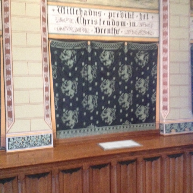 Embroidered Qing-period curtain, with postage stamp inserted. Taiwan, modern.