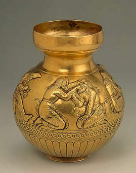 Golden vase from Kul Oba in the Crimea, 4th century BCE, with a relief showing group of Scythians.