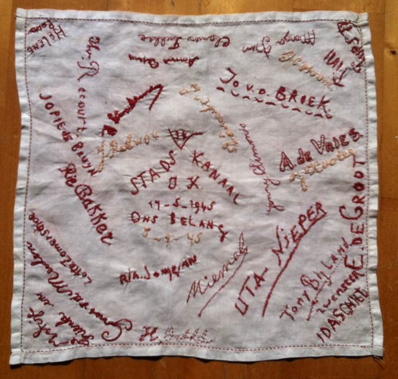 Embroidered kerchief, internment camp, 1945. TRC Collection