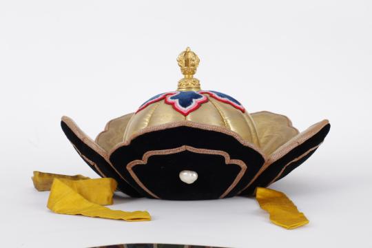 Petal crown of Bogd Khaan, with gold, silver, pearl, Indian gyasar gold-thread brocade, velvet, early 20th century, Bogd Khaan Palace Museum, Ulaan Baatar, Mongolia.